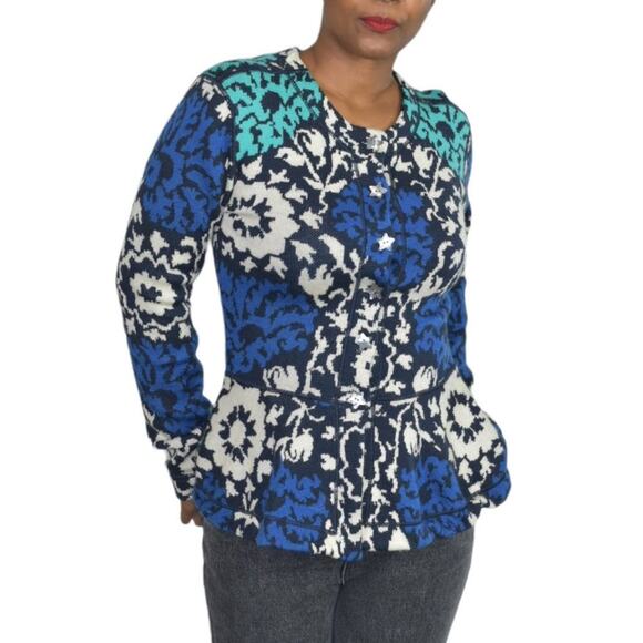 J Peterman Emmas Sweater Blue Hourglass Peplum Cardigan Green Floral Wool Small - Picture 15 of 16